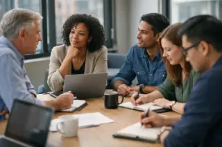Several colleagues discussing work around a meeting table in a bright, modern office, their expressions and gestures appearing natural and relaxed.